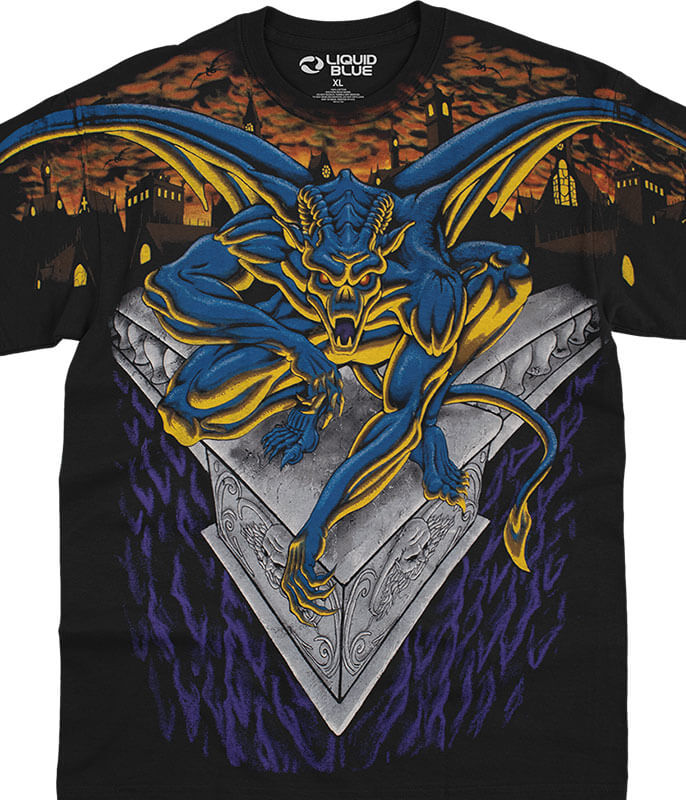 Double sided t-shirt. Front shown, featuring stone gargoyle at the edge of a building with a city beyond