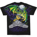 Double sided shirt, back shown with green gargoyle breaking free of stone under full moon