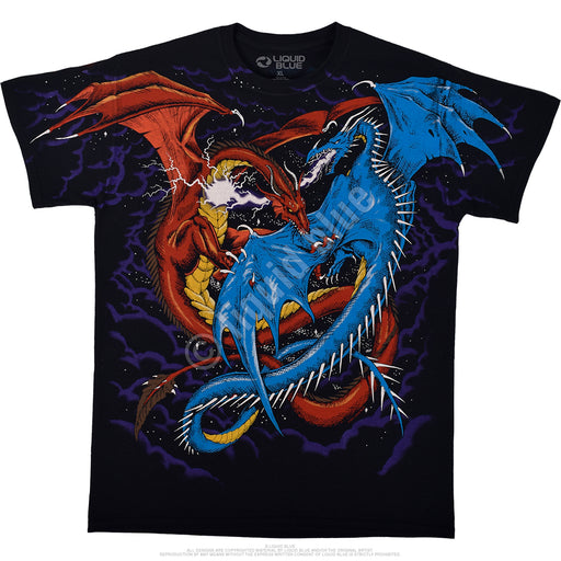 Black shirt, front is red and blue dragons fighting in the sky