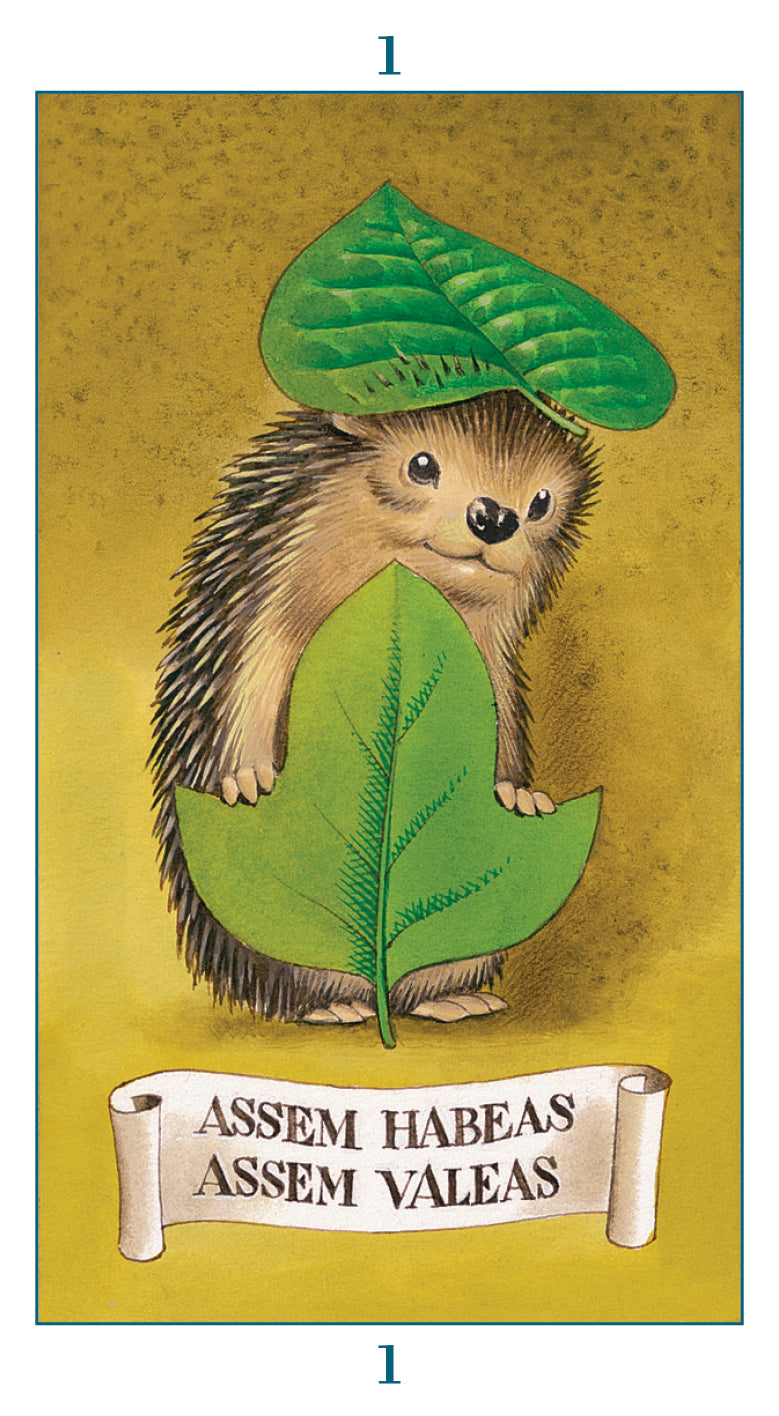 1 Card example, hedgehog in leaf hat and holding another leaf, text "Assem habeas assem valeas"