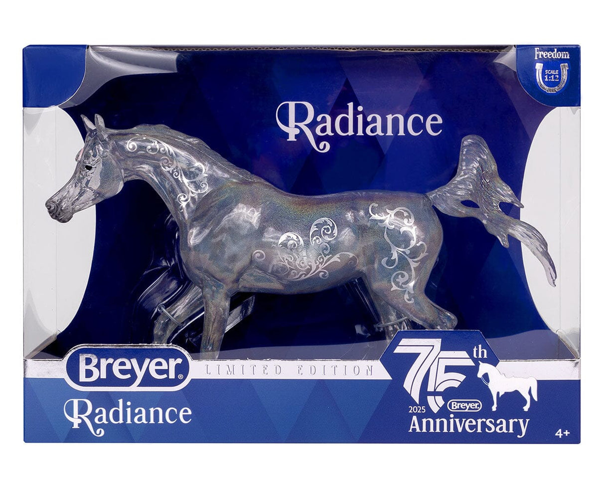 Breyer Arabian model horse Radiance - clear plastic with silver swirl designs and iridescent sheen, shown in blue and white box, limited edition