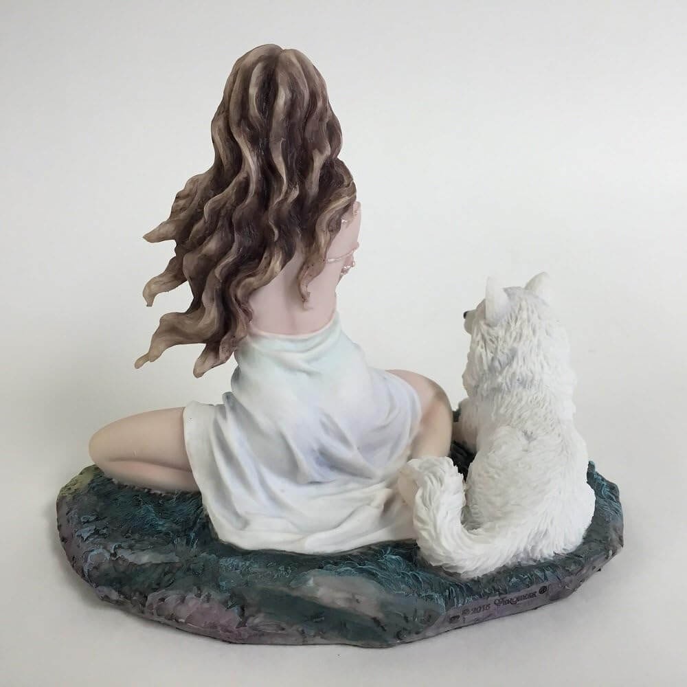 Back of piece showing white wolf and elf maiden