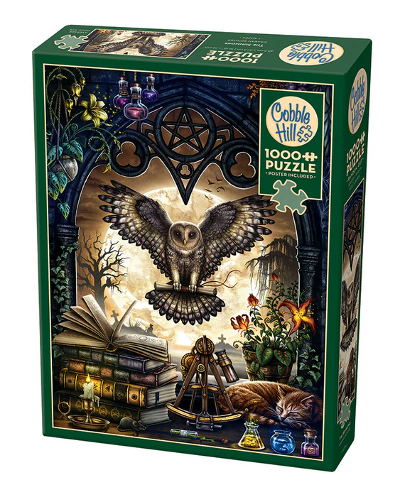 Cobble Hill 1000 Piece Puzzle - Poster Included - image of owl swooping through open Gothic window holding scroll. Sleeping cat, potion bottles, plants and more around the edges