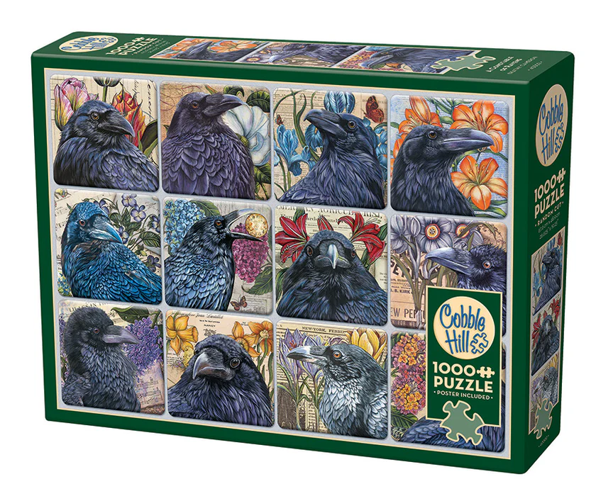 Cobble Hill 1000 Piece Puzzle, poster included - twelve ravens collaged together with floral backgrounds