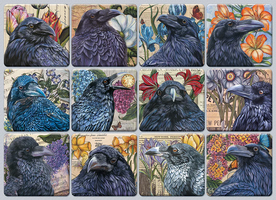 twelve ravens collaged together with floral backgrounds