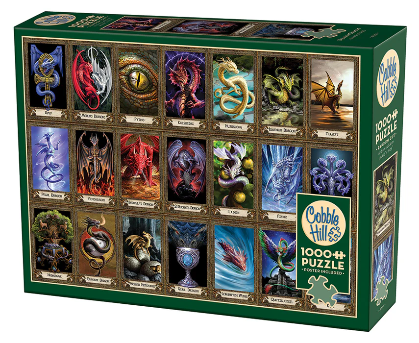 Cobble Hill 1000 Piece Puzzle, poster included - image of 21 different mini scenes featuring dragons by Anne Stokes