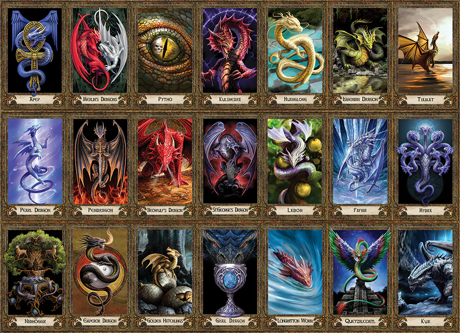 image of 21 different mini scenes featuring dragons by Anne Stokes