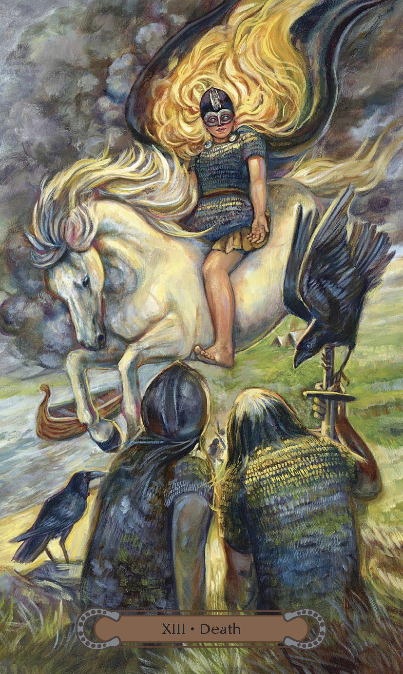 Unbridled Spirit Tarot Deck & Guidebook set - Death card with rider on a pale horse, warriors and crows