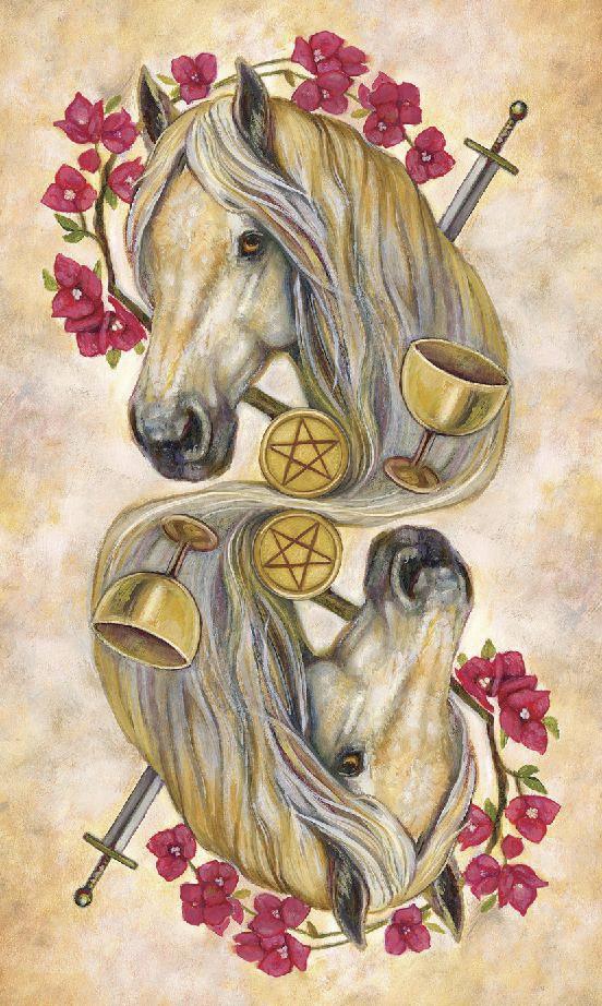 Unbridled Spirit Tarot Deck & Guidebook set - card back with pale horse, red flowers, chalices, swords, & pentacles
