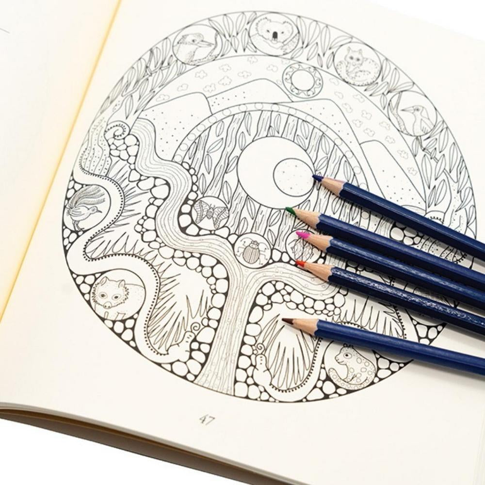 Coloring book page with intricate nature and animal design and coloring pencils, waiting to be colored in