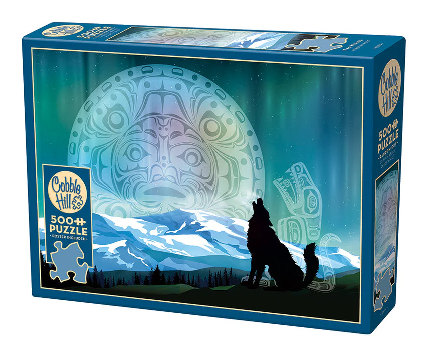 Cobble Hill 500 Piece Puzzle, poster included - image of black wolf silhouette howling in front of snowy mountains with tribal wolf design in the background