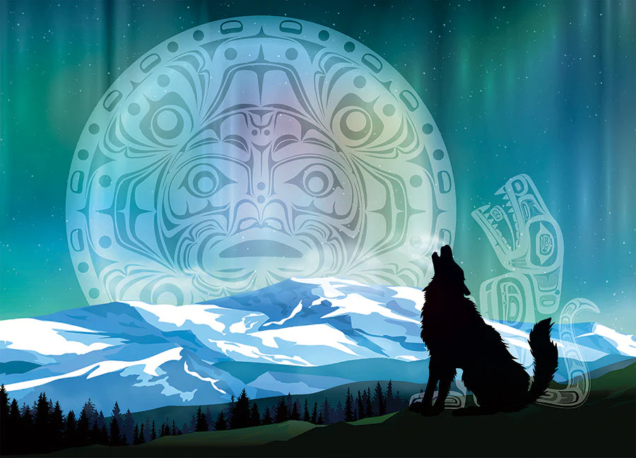 image of black wolf silhouette howling in front of snowy mountains with tribal wolf design in the background