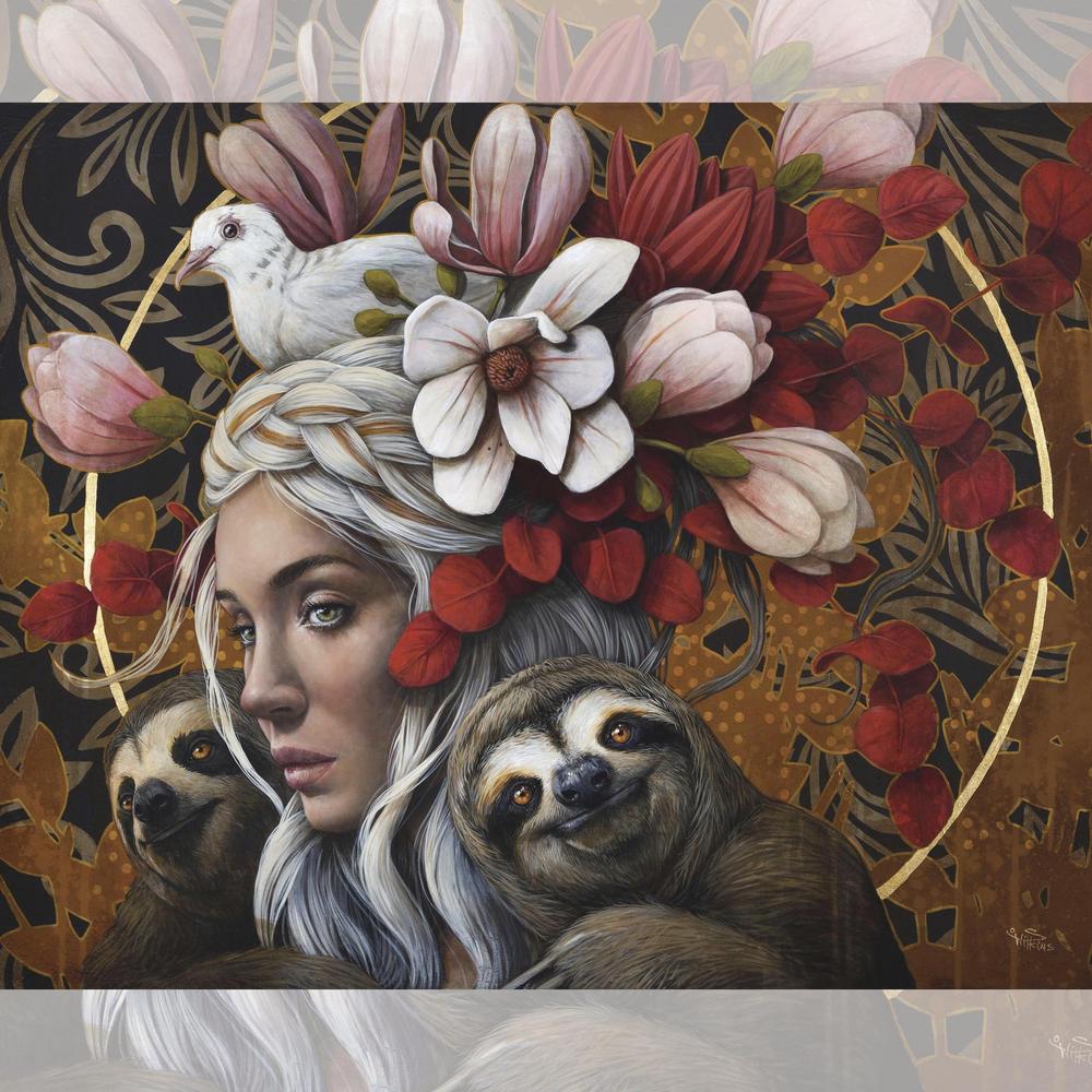 Artistic depiction of a woman with sloths and a dove amidst flowers and leaves.