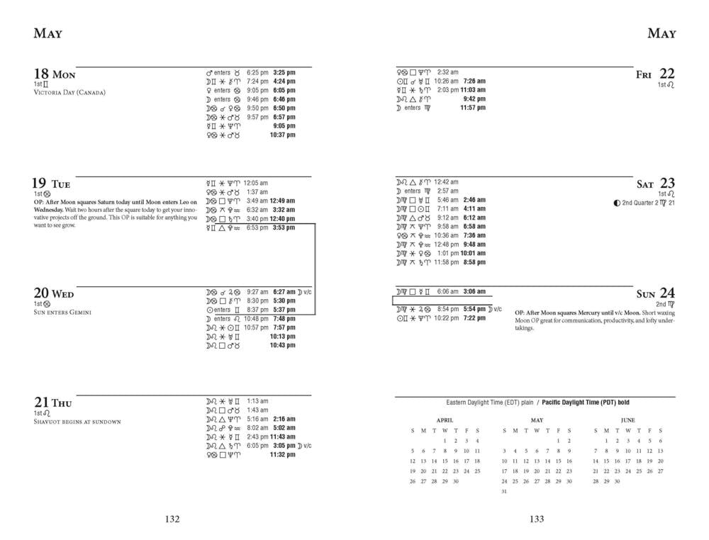 Calendar page with May dates and times and celestial notations