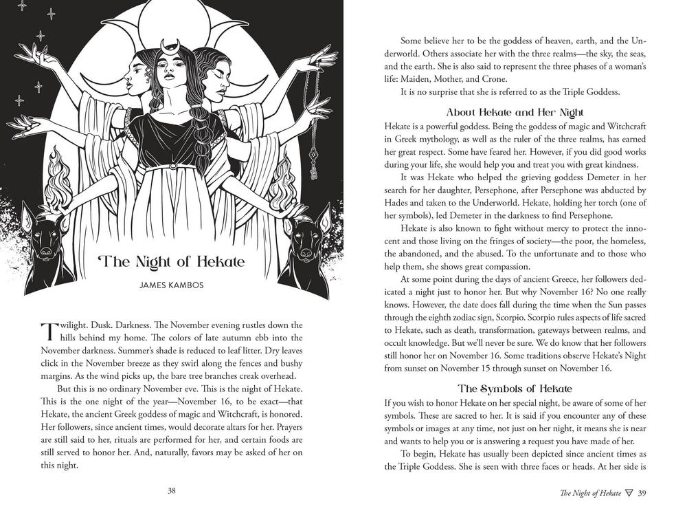 Illustration of triple goddess and a cat, accompanied by text on a black background - "The Night of Hekate"