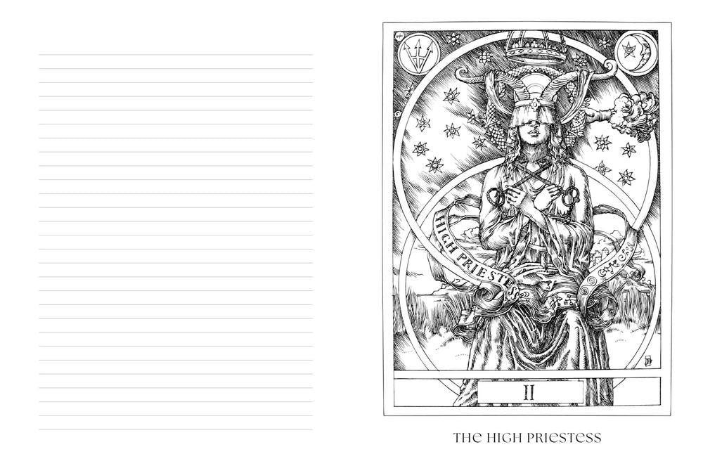 Tarot Journal & Coloring Book by Jake Baddeley - High Priestess image and lined page