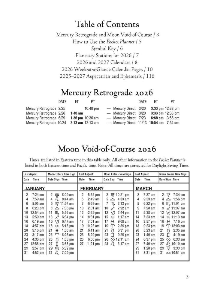 Table of contents for a 2026 astrology calendar with Mercury Retrograde and Moon Void-of-Course information.