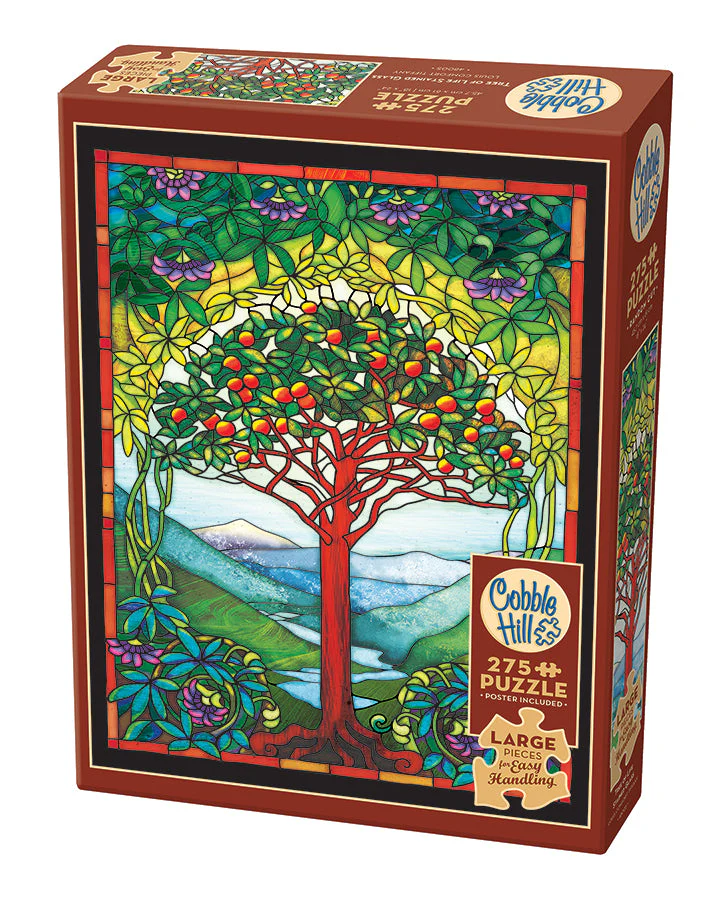 Cobble Hill 275 Easy Handling Piece Puzzle, poster included - image of faux stained glass design of the Tree of Life by Louis Comfort Tiffany