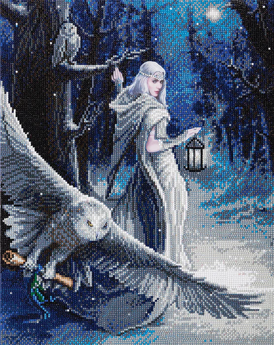 Crystal art image of woman in white in snowy night forest with owls