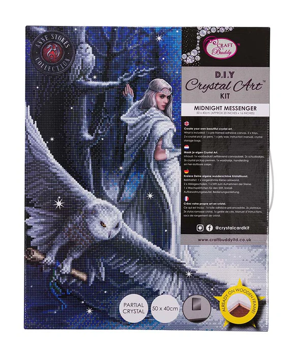 Crystal art image of woman in white in snowy night forest with owls, shown in packaging