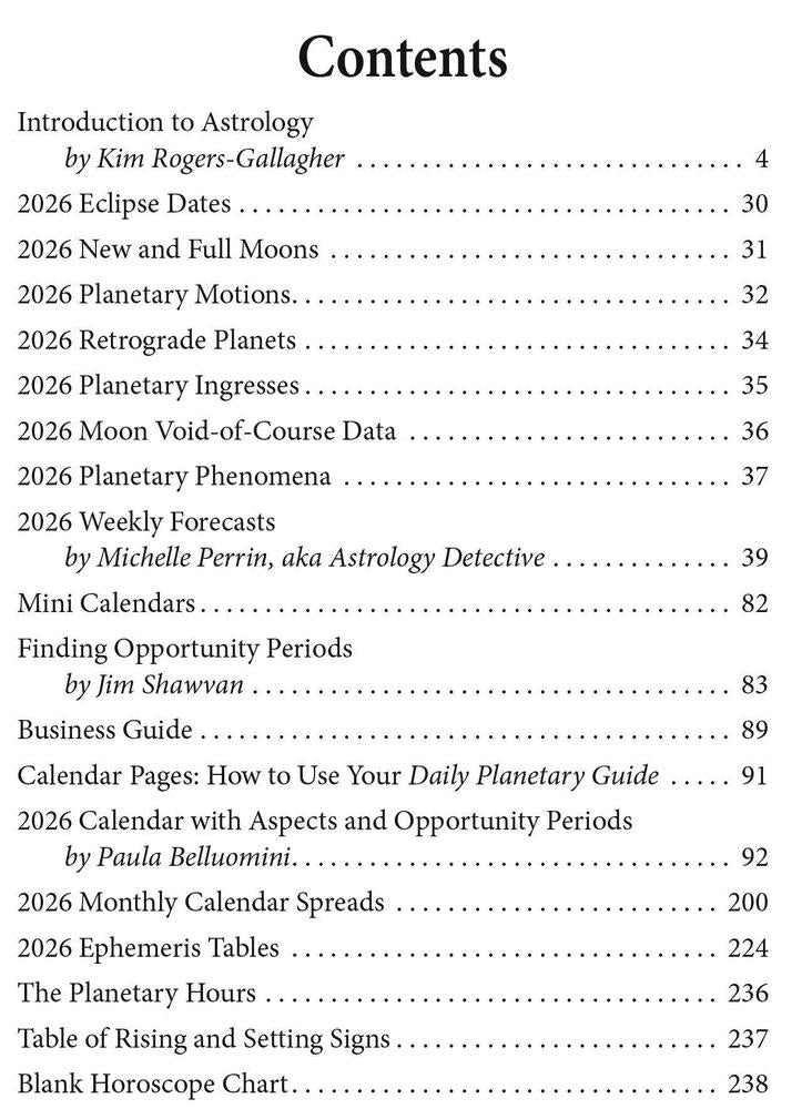 Table of contents for a planner on astrology with chapter titles and page numbers.
