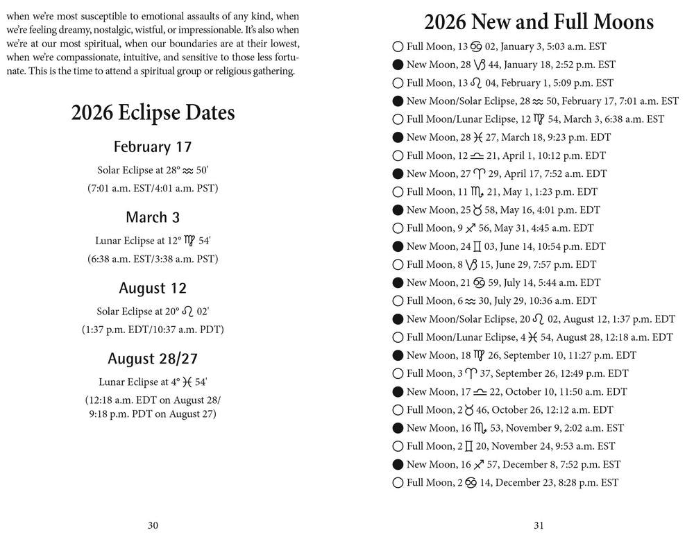 2026 New and Full Moons calendar with eclipse dates on a white background