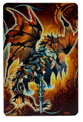 Magnet by Ruth Thompson. Dragon in orange and blue with sword