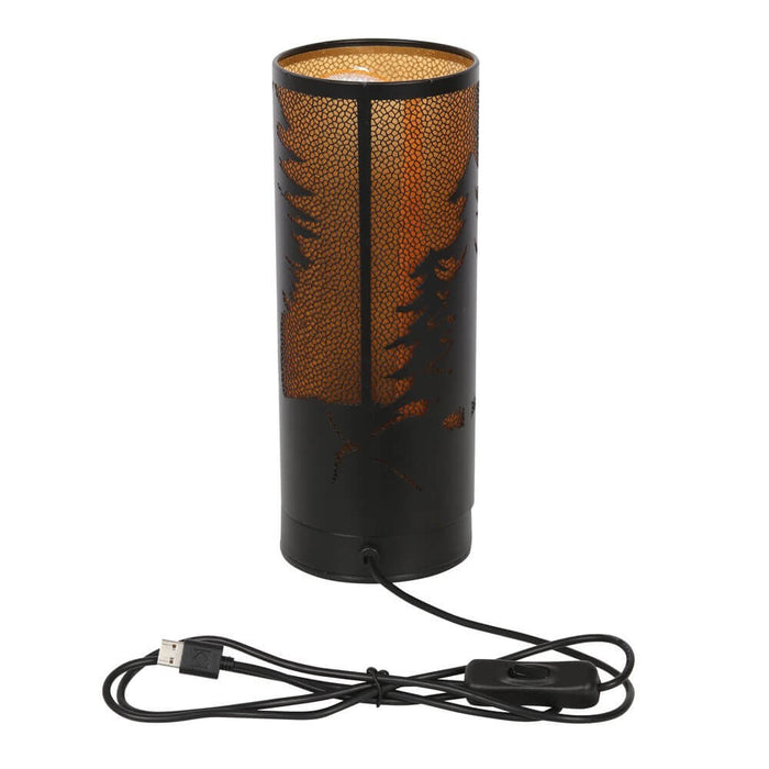 LED aroma lamp with silhouette of a wolf on orange backdrop, showing USB plug