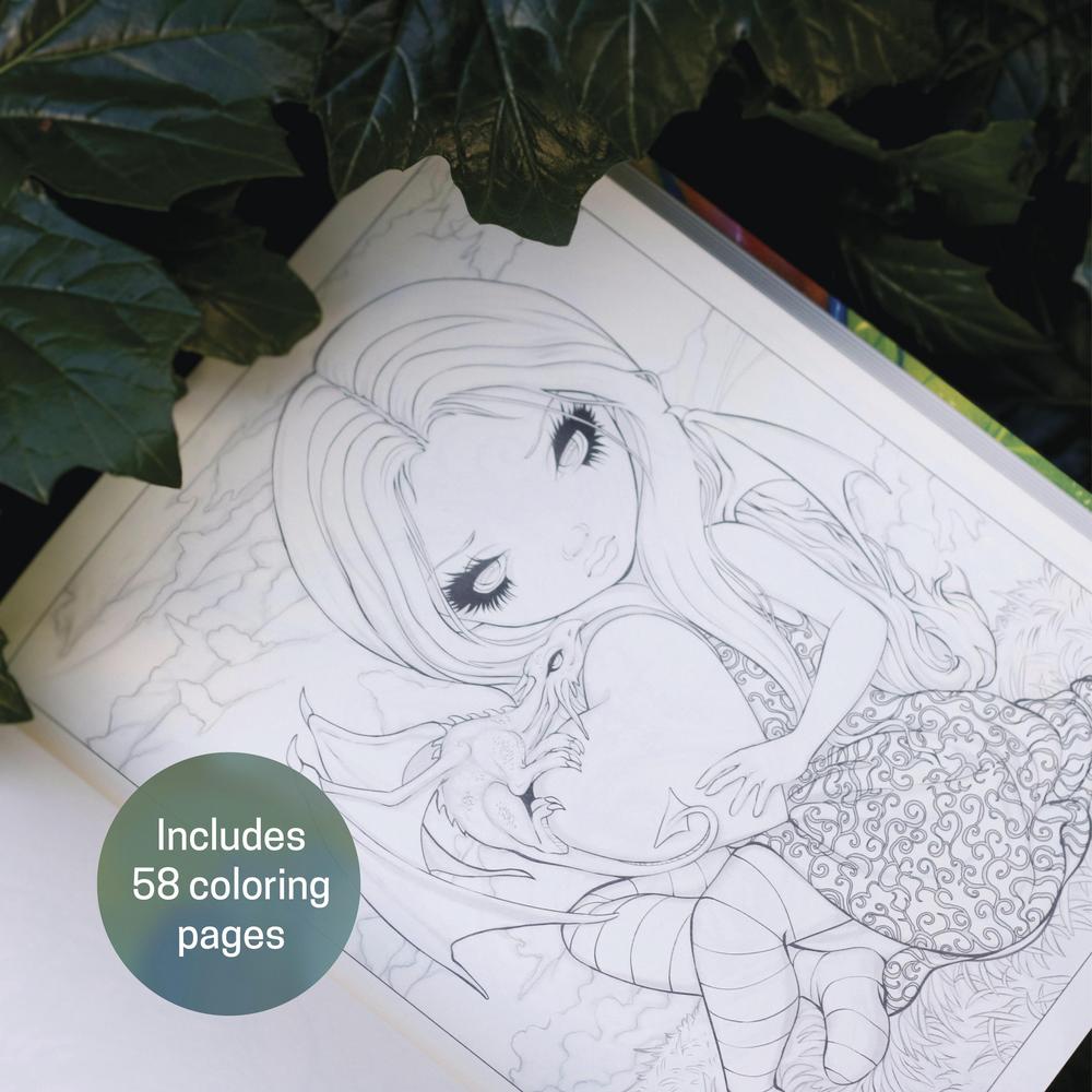 Coloring book with dragon and fairy illustrations and text indicating 58 coloring pages.
