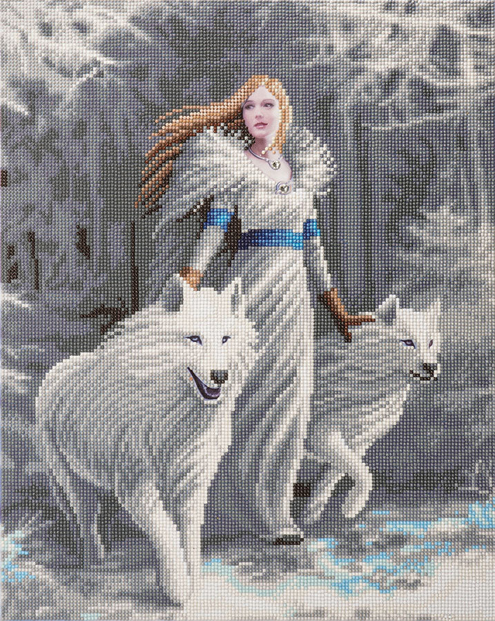 Crystal art image of woman in white with light brown hair flanked by white wolves in a snowy forest