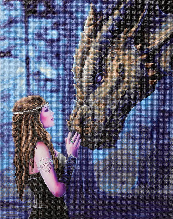 Crystal art image of a maiden with tattoo on her arm and brown hair greeting a dragon and touching it's nose in a forest
