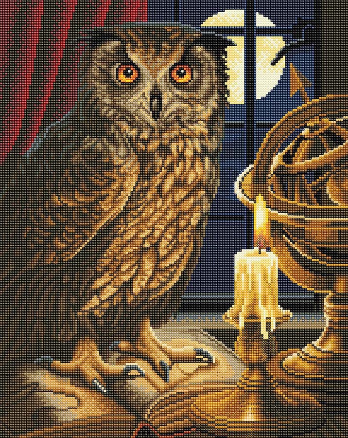 Crystal art image of an owl with candle, book, astrolabe and moon in the background