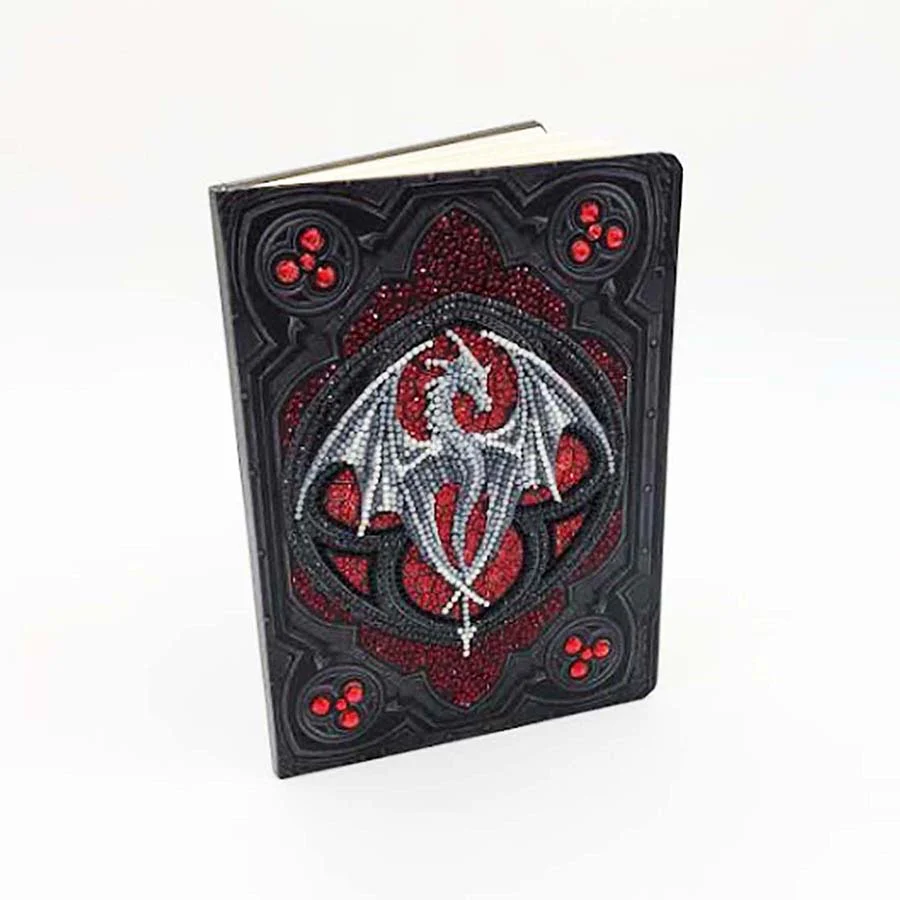 Notebook with crystal art cover, Gothic dragon design in black, red, white, grey