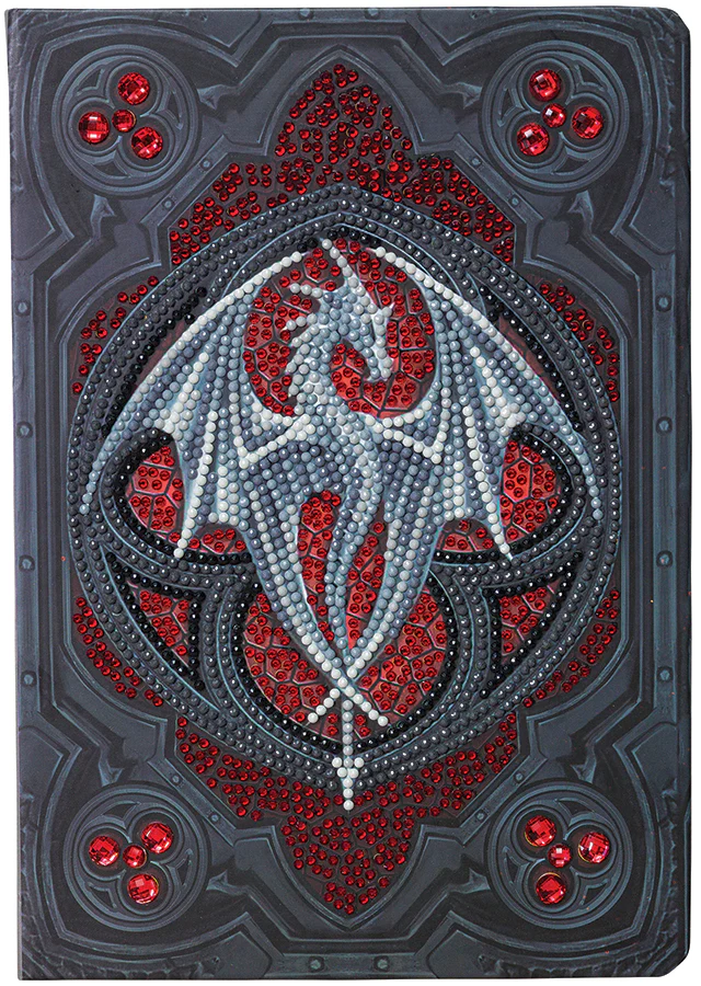 Notebook with crystal art cover, Gothic dragon design in black, red, white, grey