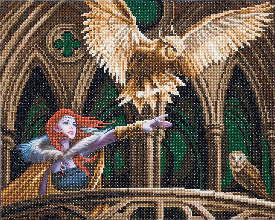 Crystal art image of redhead launched a brown owl from a balcony, another sitting near, gothic architecture