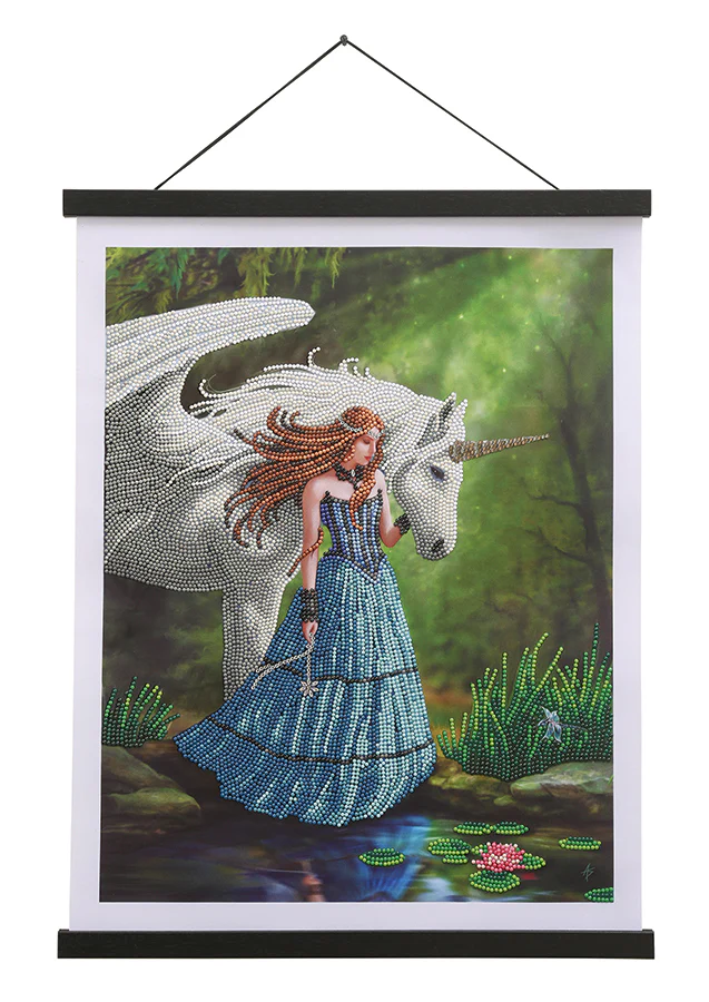 Crystal art scroll hanging with maiden in blue dress and white horned pegasus-unicorn next to pond with water lilies