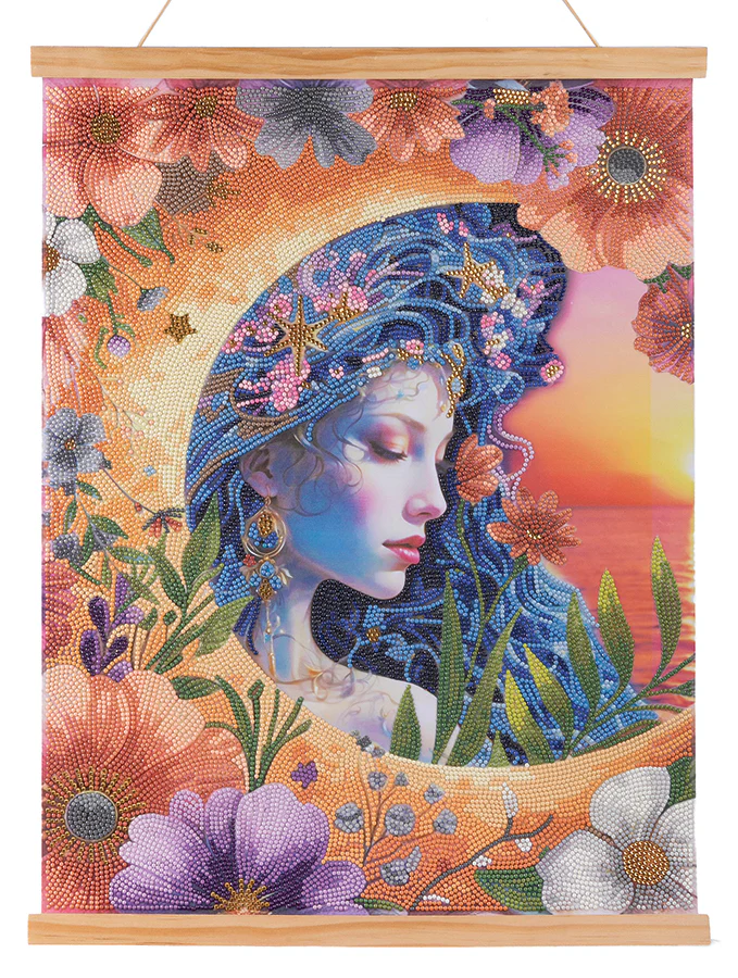 Crystal art scroll image of blue haired goddess with shells and flowers