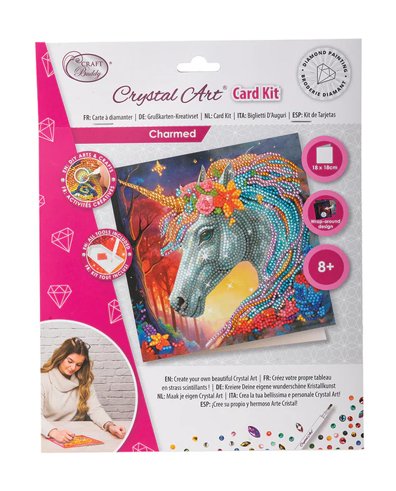 Crystal art card kit - Charmed unicorn, shown in box