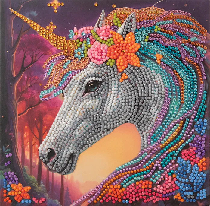 Crystal art card image of white unicorn with rainbow mane and flowers