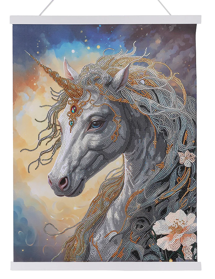 Crystal art scroll of silvery unicorn with gold accents and flowers