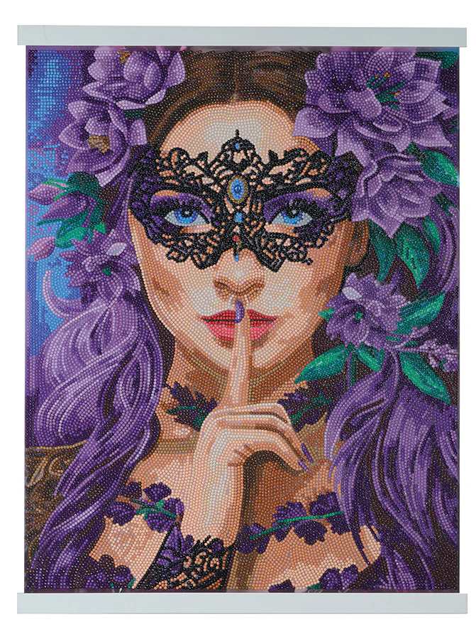 Crystal art scroll with purple-haired maiden in butterfly mask with violet flowers, making shhh finger over lips motion