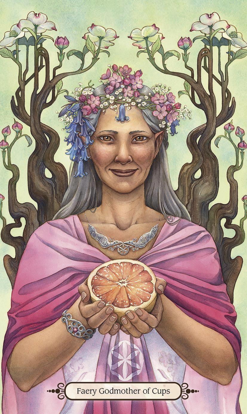Faery Wheel Tarot deck - Faery Godmother of Cups with an older woman and flowers