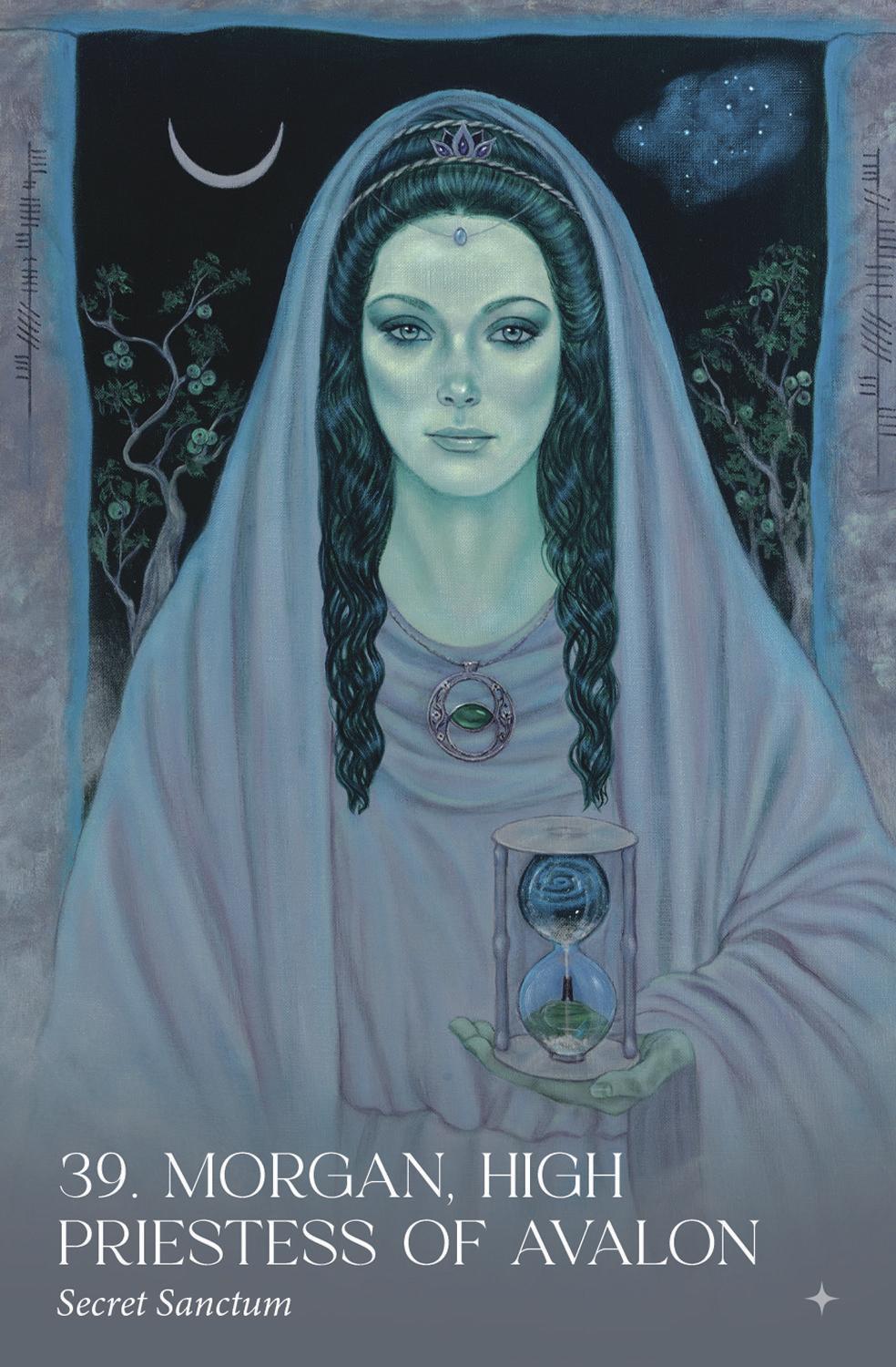 Avalon Visions oracle deck - Morgan, High Priestess of Avalon card in shades of blue