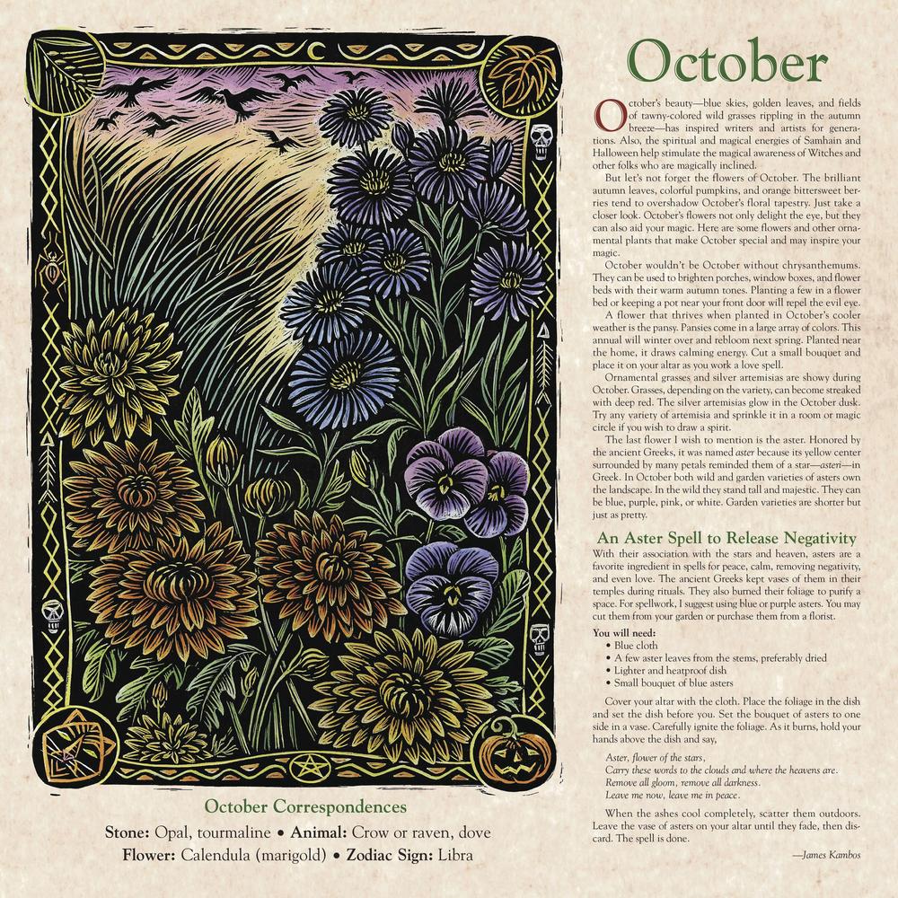 Decorative page for October with floral illustrations and text on a beige background