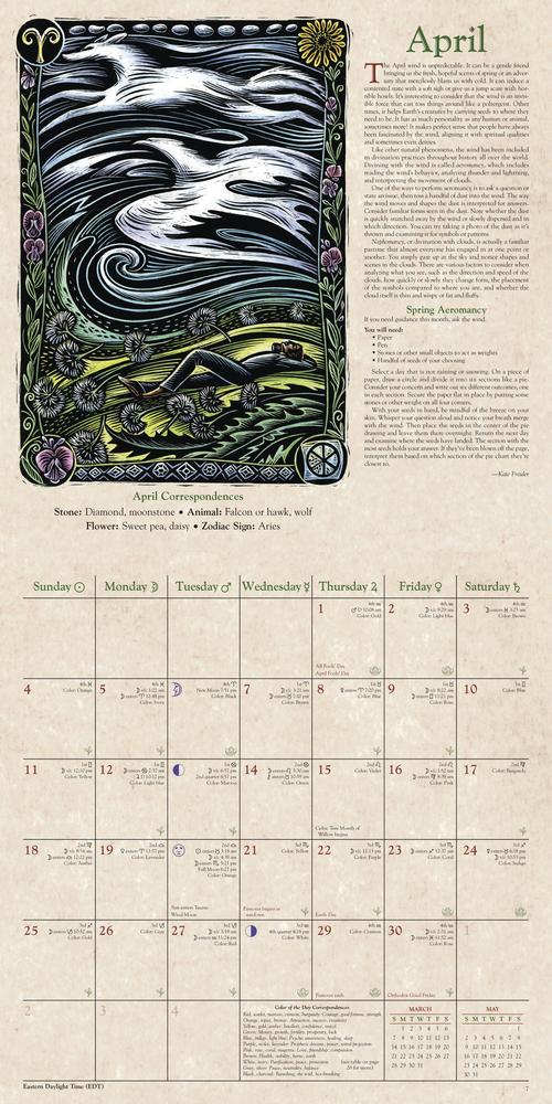 Decorative calendar for April with artistic design elements on a beige background.