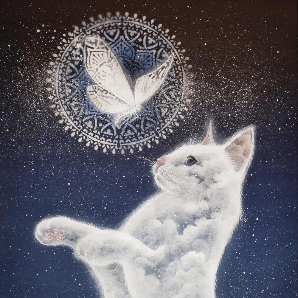 White cat looking at a mandala with a butterfly on a starry night background - calendar example