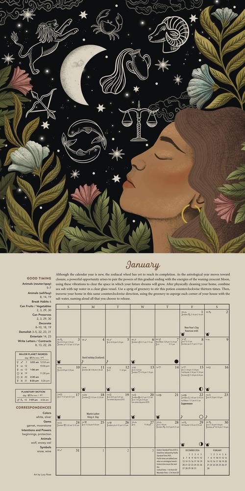Calendar example for January with astrological symbols, flowers, and a woman's face on a dark background.