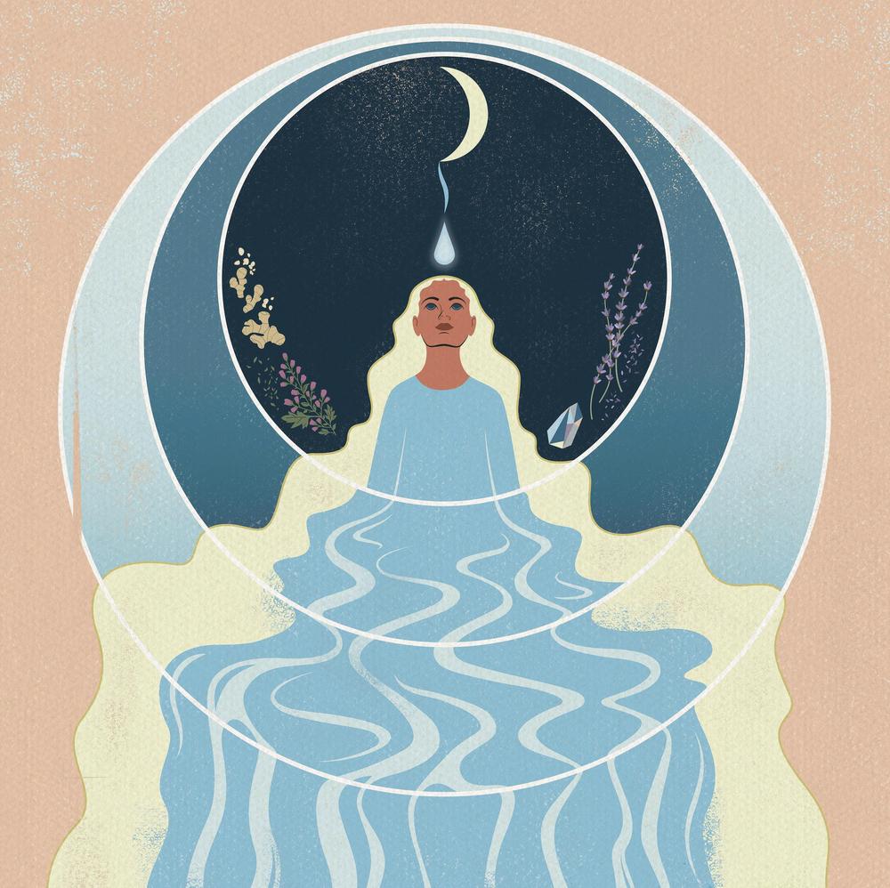 Illustration of a person in a flowing blue dress/water with a moon and nature elements in the background. Calendar page example
