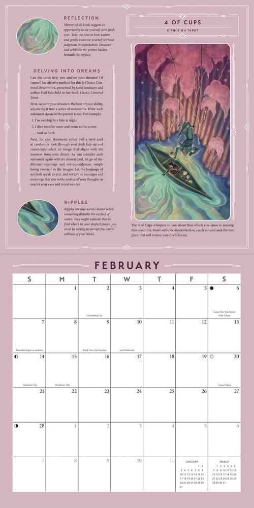 A pink February calendar page with a large monthly grid at the bottom and illustrated artwork panels at the top, including text sections tarot imagery for 4 of Cups
