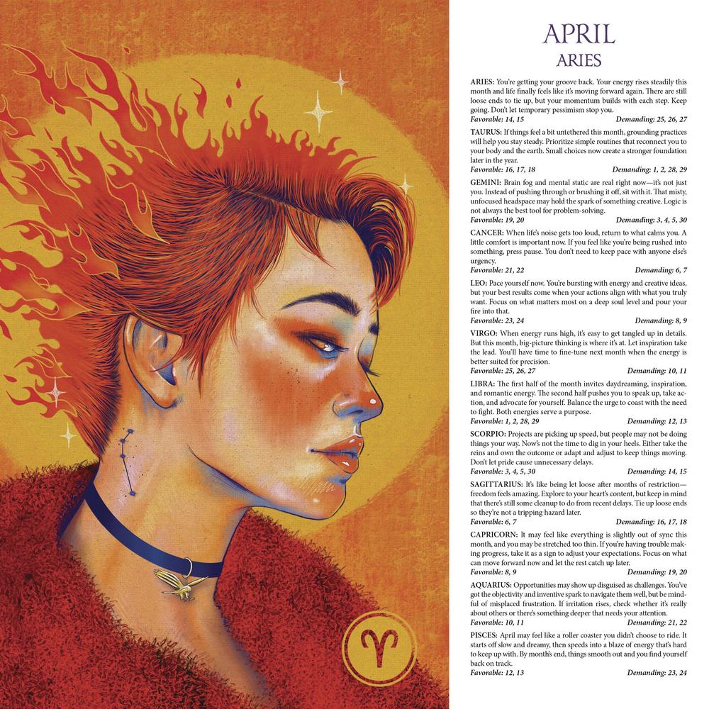 Calendar page example - Illustration of a woman with fiery hair and Aries symbol on an orange background with text.